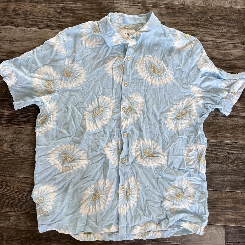 Folk Shirt Mens Size XL Blue  Short Sleeve Button Up Linen Blend‎ Flower Beach